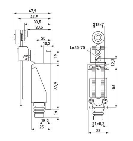 Вимикач кінцевий e.limitswitch.03 важіль з роликом регульований по довжині E.NEXT (s0070007) s0070007 фото