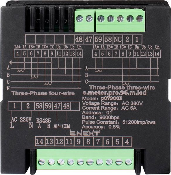 Аналізатор параметрів мережі e.meter.pro.96.m.lcd 96х96мм, АС 230В, 5А, 0-450В, RS-485 E.NEXT (p079003) p079003 фото