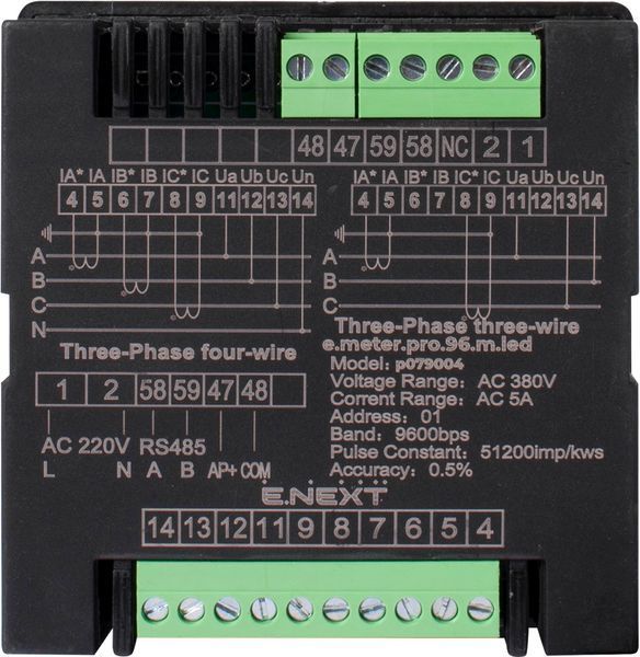 Аналізатор параметрів мережі e.meter.pro.96.m.led 96х96мм, АС 230В, 5А, 0-450В, RS-485 E.NEXT (p079004) p079004 фото