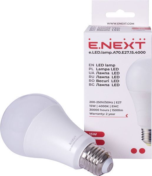 Лампа світлодіодна e.LED.lamp.A70.E27.15.4000, 15Вт, 4000К E.NEXT (l0650602) l0650602 фото