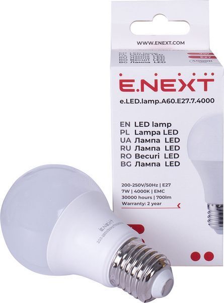 Лампа світлодіодна e.LED.lamp.A60.E27.7.4000, 7Вт, 4000К E.NEXT (l0650608) l0650608 фото