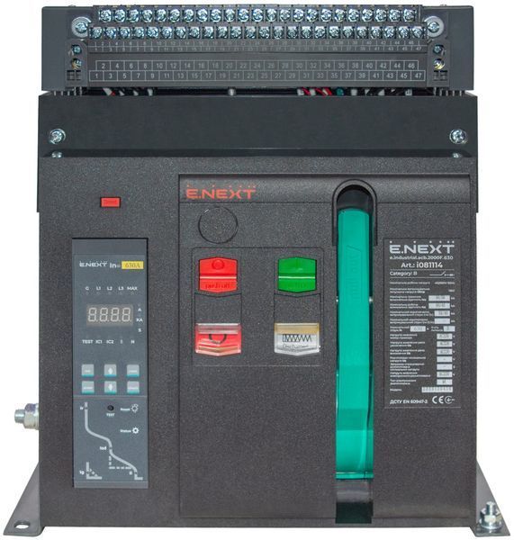 Повітряний автоматичний вимикач e.industrial.acb.2000F.630, стаціонарний, 0,4кВ, 3Р, електронний розчіплювач, мотор-привід та РН E.NEXT (i081114) i081114 фото